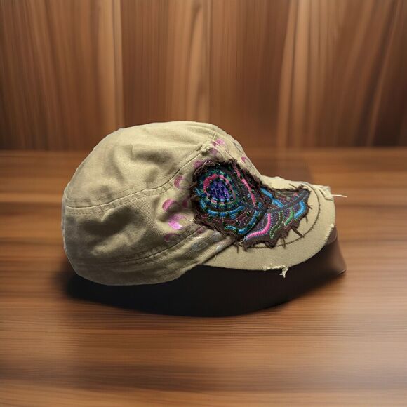 Peacock Feather Distressed Cadet Cap Tan Stretch Fit Hat Kbethos Women’s - Picture 1 of 7